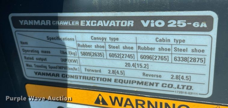 image for item MS9701 Yanmar VIO25-6A  mini excavator