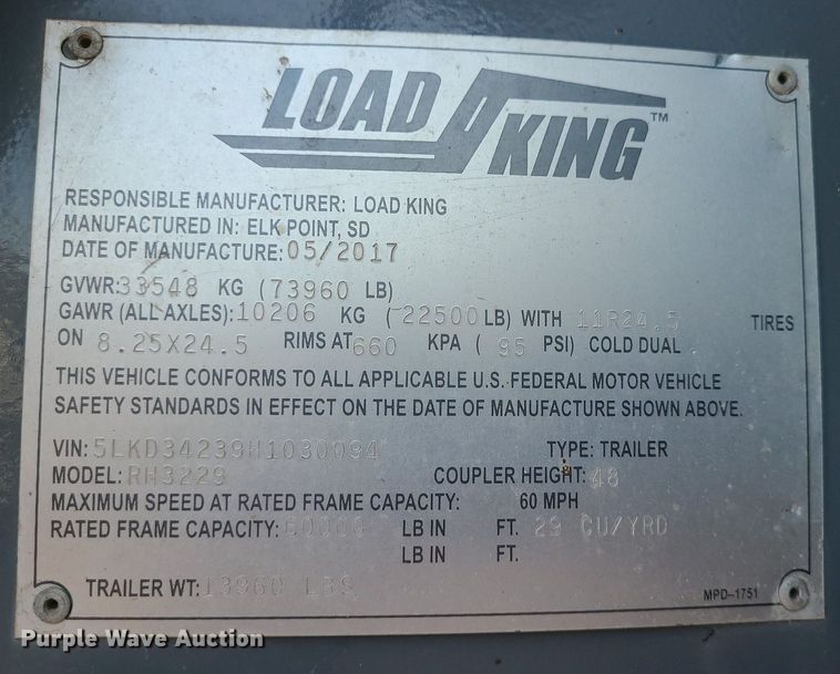 image for item MX9772 2017 Load King RH3229  end dump trailer