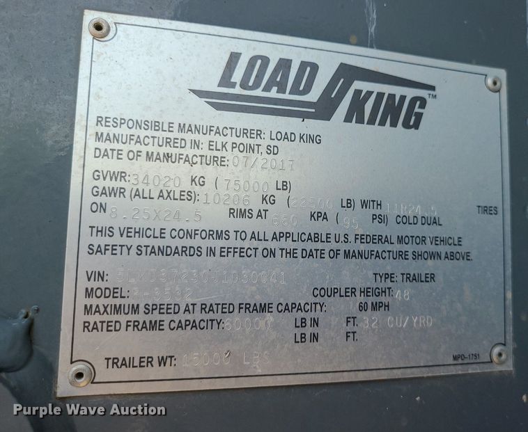 image for item MX9774 2018 Load King RH3532  end dump trailer