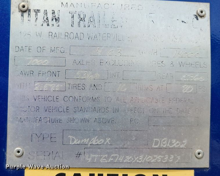 image for item MX9782 2003 Titan Trailer  dump trailer