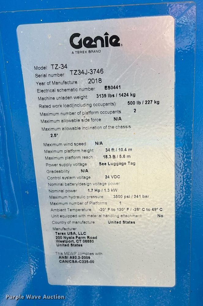 image for item MY9717 2018 Genie TZ34/20  boom lift