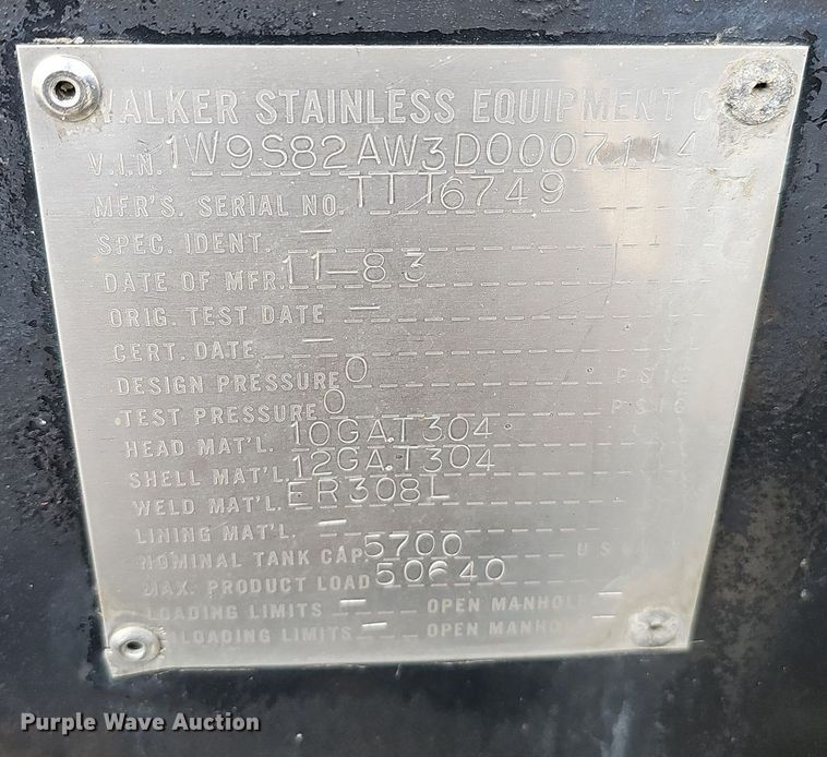 image for item DO4354 1983 Walker Stainless Equipment  tank trailer