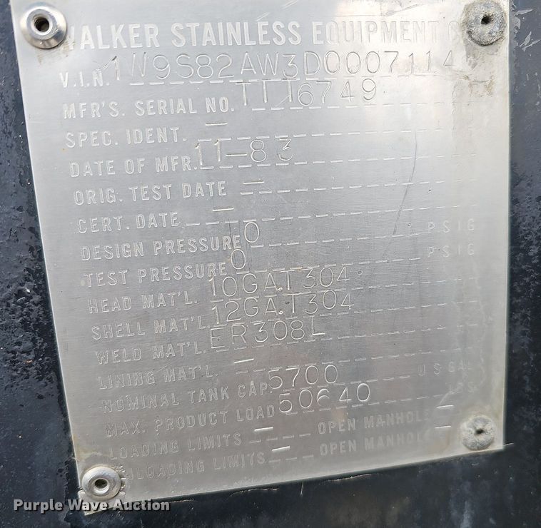 image for item DO4354 1983 Walker Stainless Equipment  tank trailer