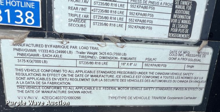 image for item LI9640 2016 Load Trail  equipment trailer