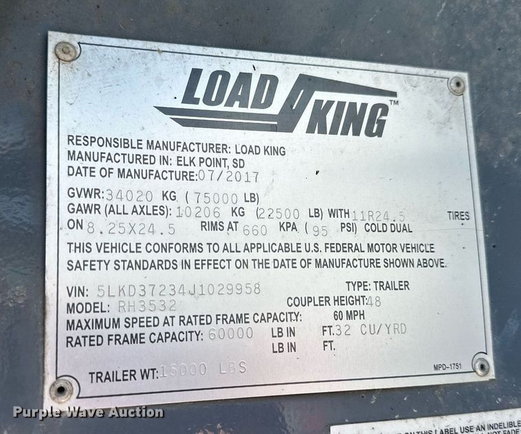 image for item LN9438 2018 Load King RH3532  end dump trailer
