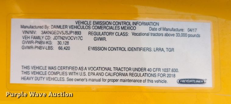 image for item MN9962 2018 Freightliner Cascadia 125  semi truck