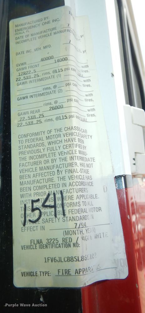 image for item DK1852 1995 Freightliner FL80  pumper fire truck