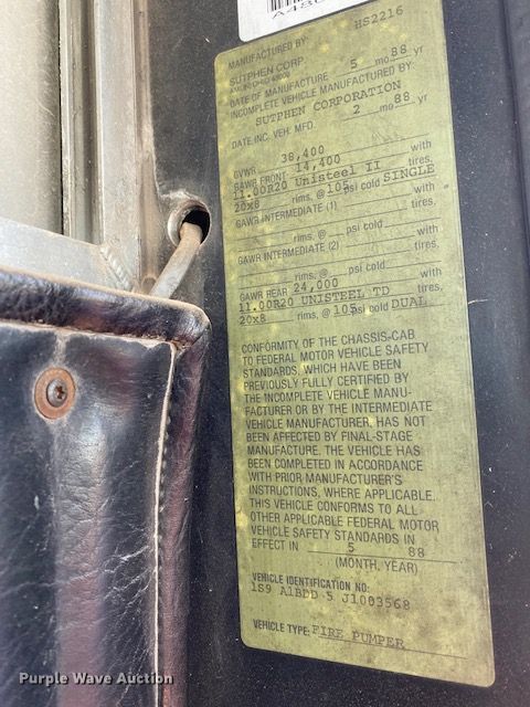 image for item DN4607 1988 Sutphen CF1500L  pumper fire truck