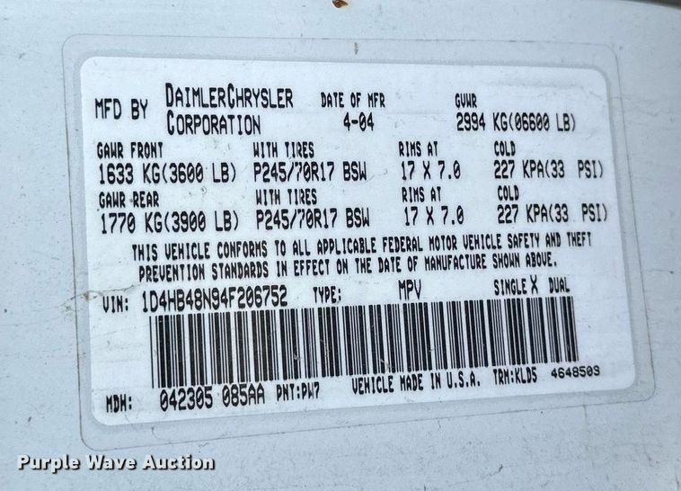 image for item KL9106 2004 Dodge Durango  SUV