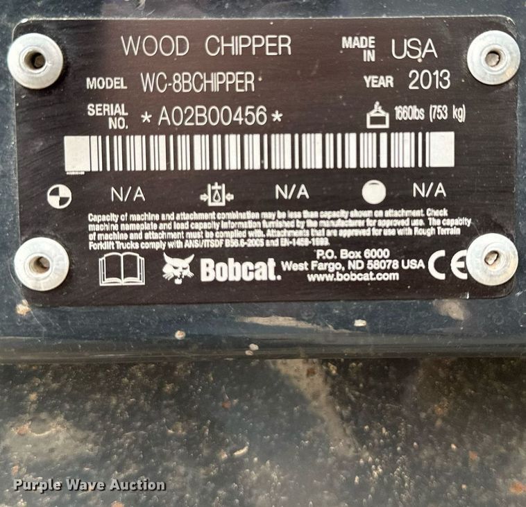image for item KL9211 2013 Bobcat WC-8BCHIPPER  skid steer wood chipper