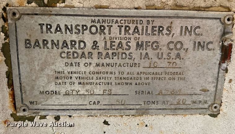 image for item KV9579 1970 Transport Trailers, Inc. GTY 50 FS  equipment trailer