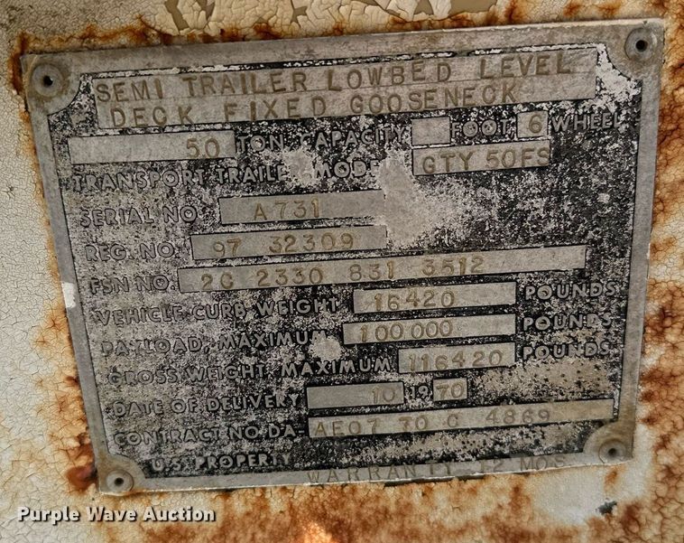 image for item KV9579 1970 Transport Trailers, Inc. GTY 50 FS  equipment trailer