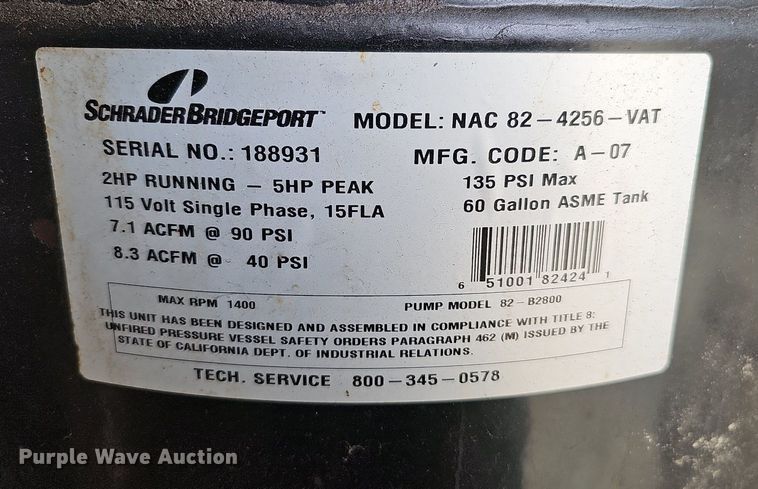 image for item LE9320 Schrader Bridgeport NAC 82-4256-VAT  air compressor