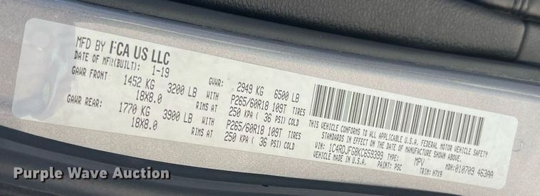 image for item LI9666 2019 Dodge Durango SSV  SUV