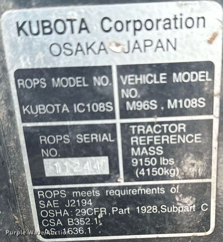 image for item LR9656 Kubota M108S  MFWD tractor