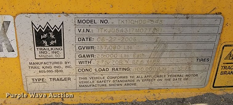 image for item ML9358 2007 Trailer King TK110HDG-543  lowboy equipment trailer