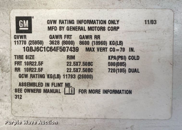 image for item DL7202 2004 Chevrolet C6500  delivery truck