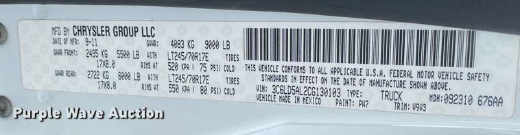 image for item DL7229 2012 Dodge Ram 2500  flatbed pickup truck