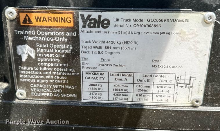 image for item DO4933 Yale GLC050VXNDAE085  forklift