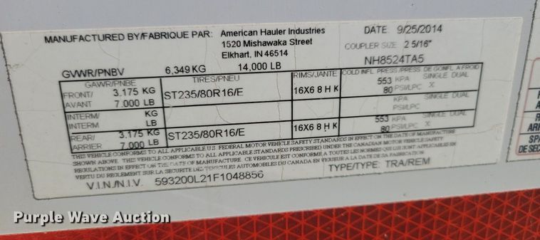 image for item JO9096 2015 American Hauler  enclosed cargo trailer