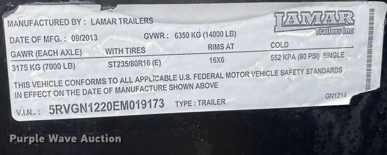 image for item KB9449 2014 Lamar  equipment trailer