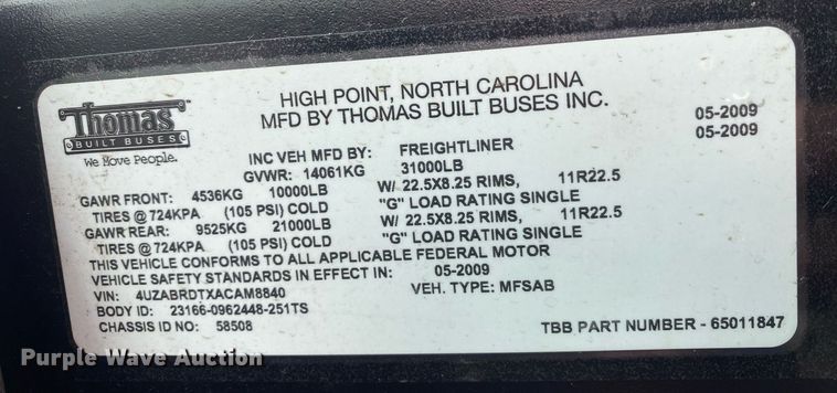 image for item KB9457 2010 Freightliner  school bus