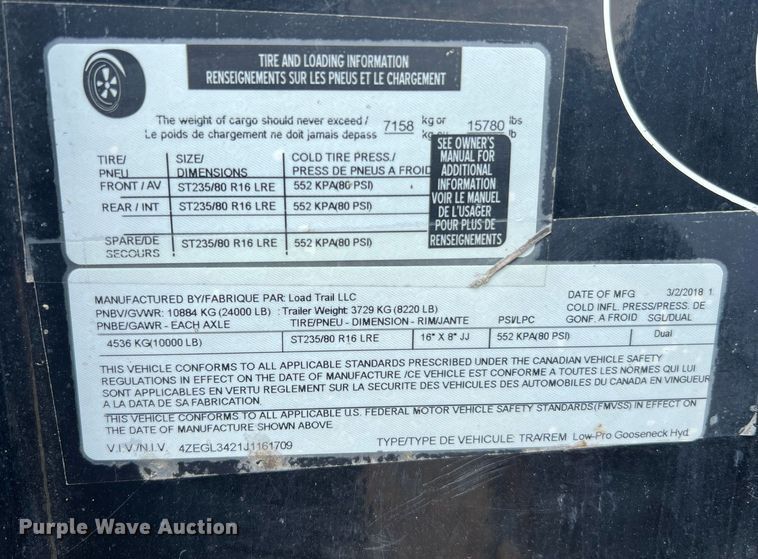 image for item LI9720 2018 Load Trail  equipment trailer