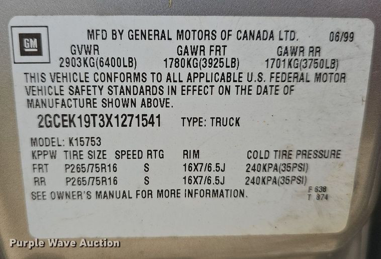 image for item LW9549 1999 Chevrolet Silverado 1500  Ext. Cab pickup truck