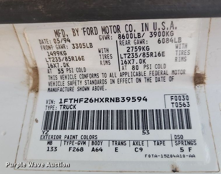 image for item LW9559 1994 Ford F250 XL  utility bed pickup truck