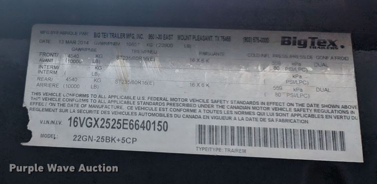 image for item MO9021 2014 Big Tex 22GN-25BK+5CP  equipment trailer