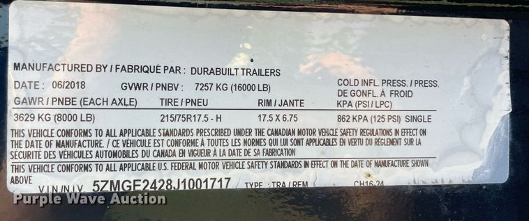 image for item MR9053 2018 Durabilt  equipment trailer