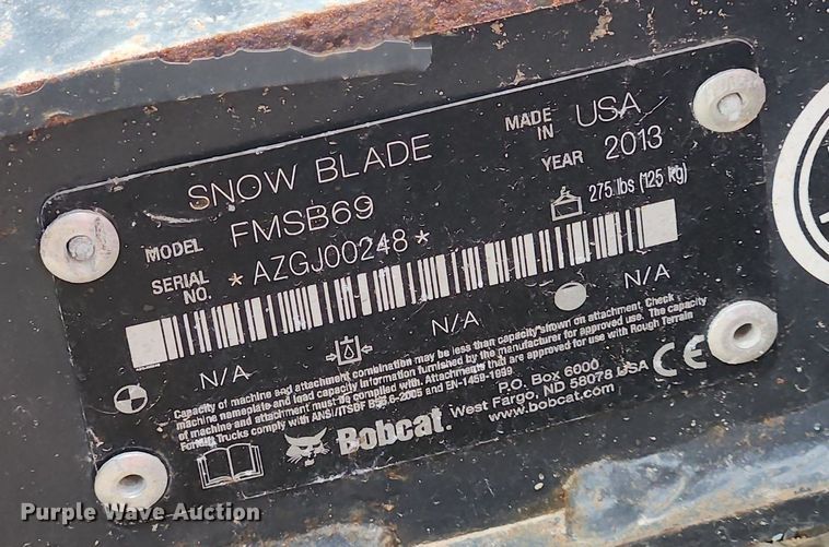 image for item MW9775 2013 Bobcat FMSB69  snow plow