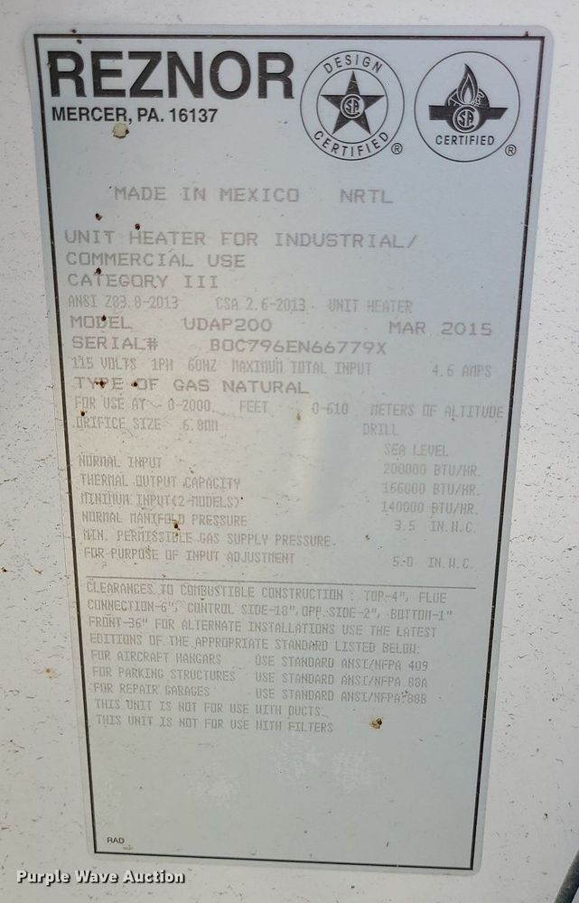 image for item MX9785 Reznor UDAP200  heater