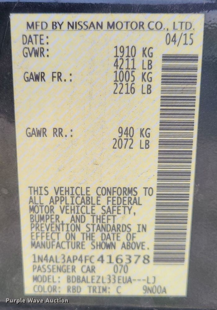 image for item MX9789 2015 Nissan Altima