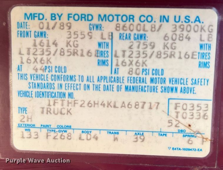 image for item MY9676 1989 Ford F250  bale bed pickup truck