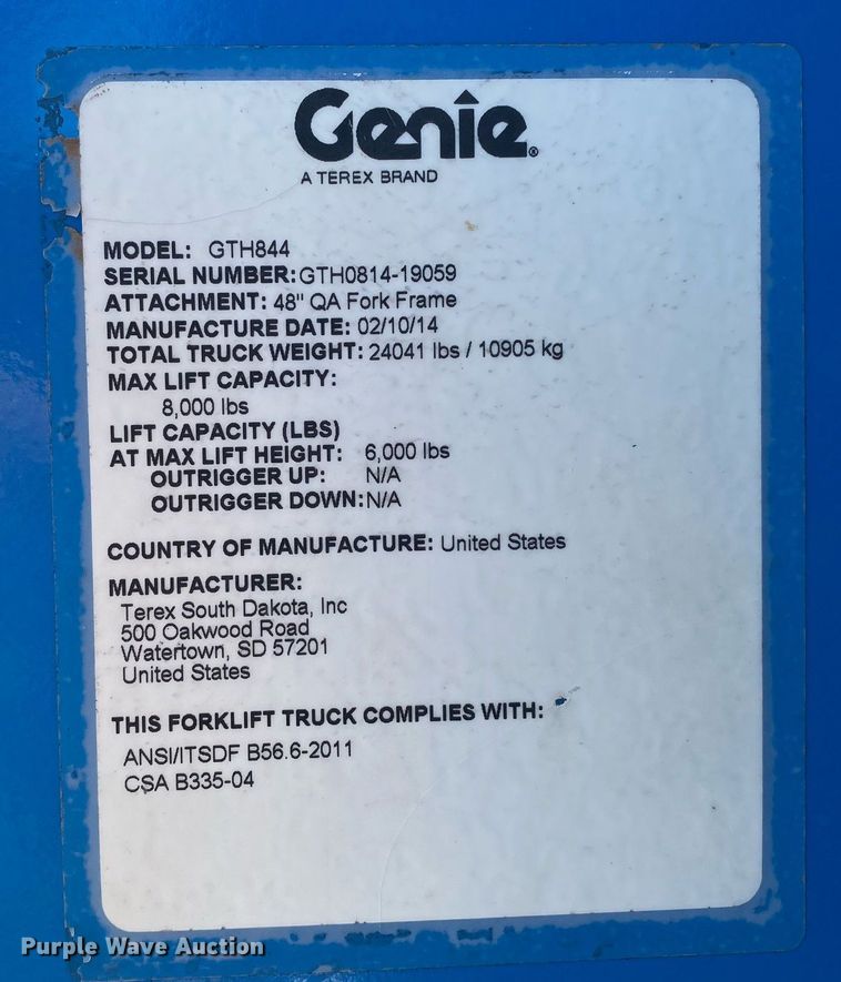 image for item DL7192 2014 Genie GTH844  telehandler
