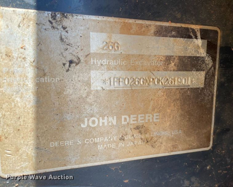 image for item DL7193 2017 John Deere 26G  mini excavator