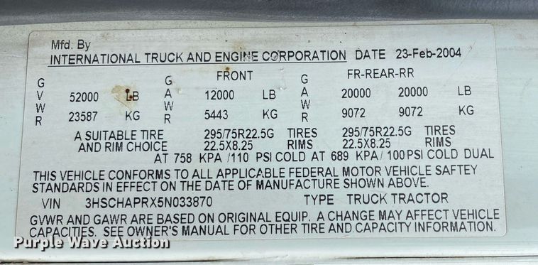 image for item DL7212 2005 International 9900i  dump truck