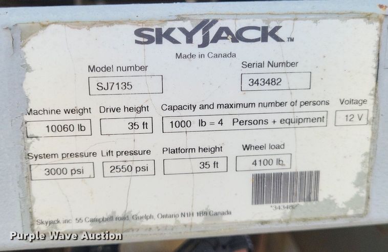 image for item DO3657 2007 Skyjack SJ7135  scissor lift