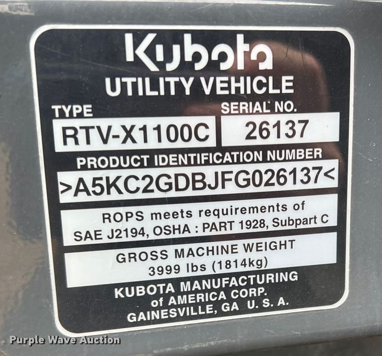 image for item DQ5777 2015 Kubota RTV-X1100C  utility vehicle