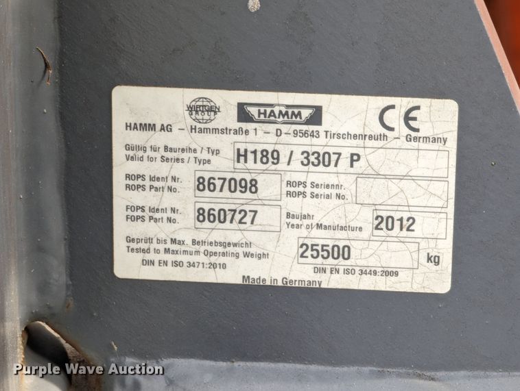 image for item DR6960 2012 Hamm 3307P  single drum vibratory roller