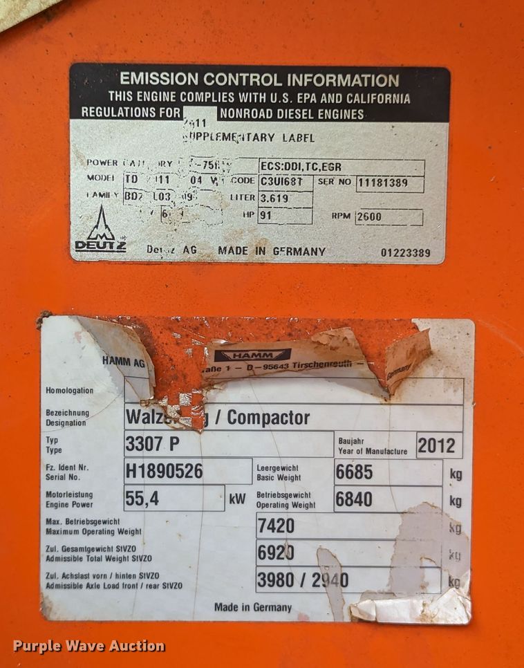 image for item DR6960 2012 Hamm 3307P  single drum vibratory roller