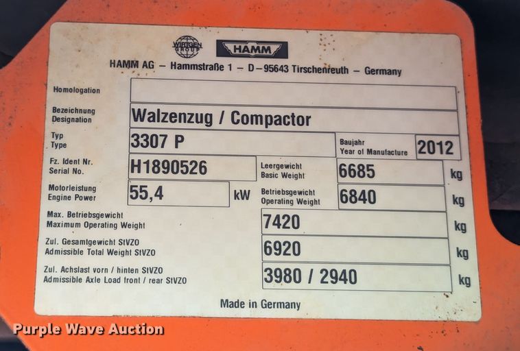 image for item DR6960 2012 Hamm 3307P  single drum vibratory roller