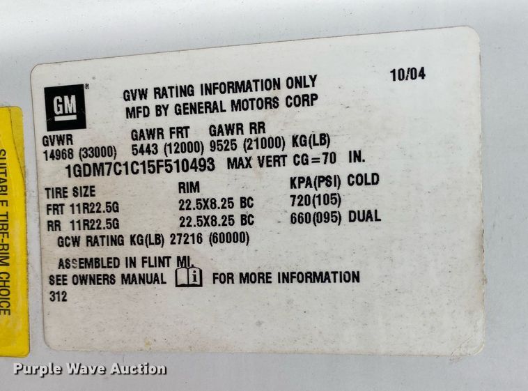 image for item KB9442 2005 GMC C7500  tank truck