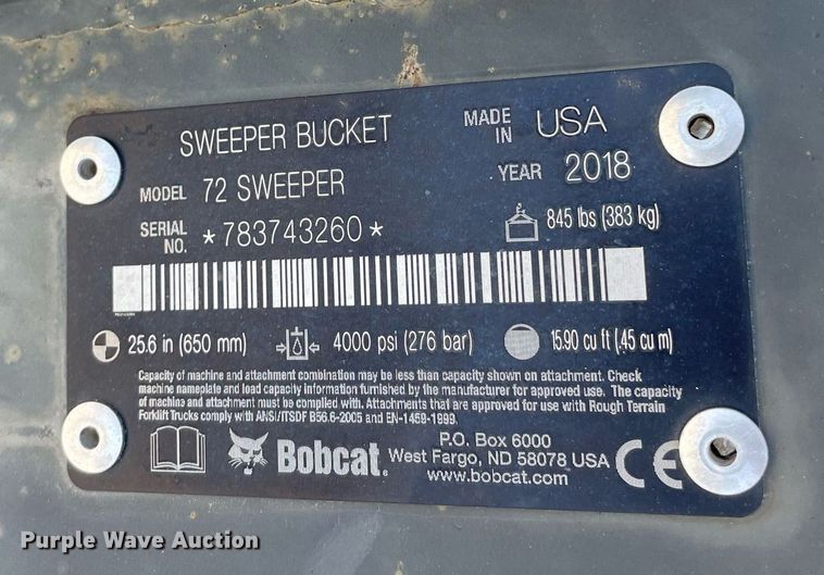 image for item LY9576 2018 Bobcat 72 Sweeper  skid steer sweeper