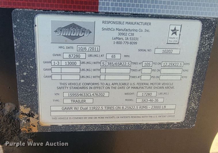 image for item ML9324 2012 Smithco SX3-46-36  side dump trailer