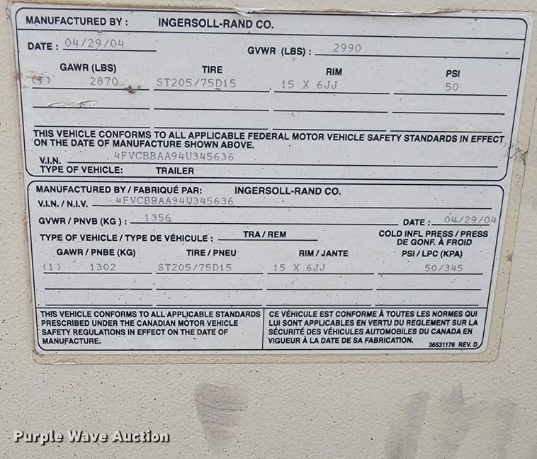 image for item ML9375 2004 Ingersoll Rand 185  air compressor