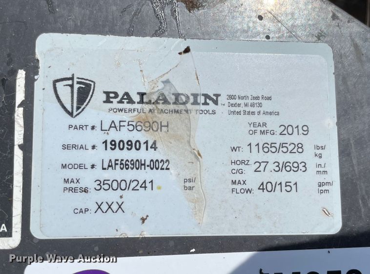 image for item MM9524 2019 Paladin LAF5690H-0022  skid steer power rake