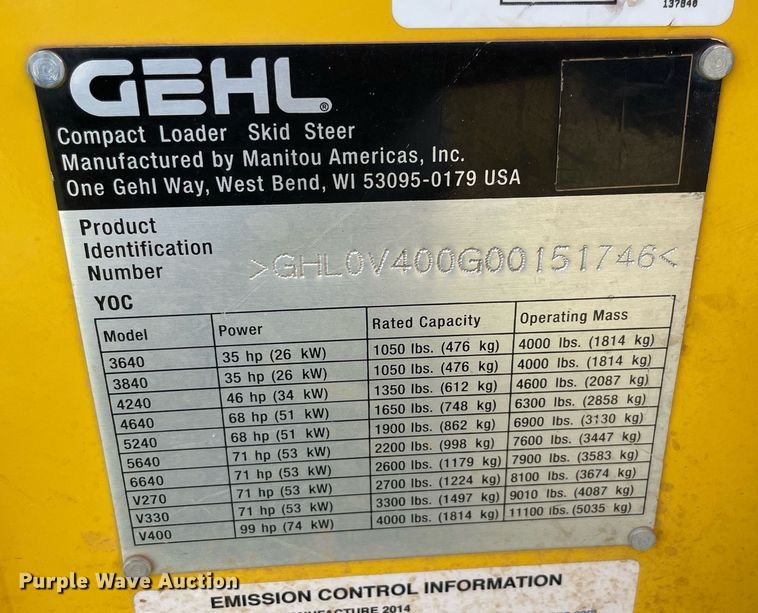 image for item MR9051 2014 Gehl V400  skid steer loader