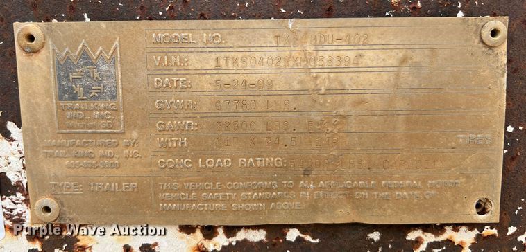 image for item DJ0833 1999 Trail King TK54BDU-402  bottom dump trailer